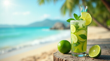 mojito cocktail on the beach banner, copy space, generative ai