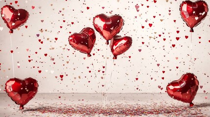 Romantic Heart Shaped Balloons Floating Above Confetti Filled Backdrop for Festive Overlay