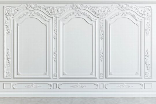Naklejki A classic interior wall with ornate white paneling and decorative moldings. The wall features three empty frames, ideal for showcasing art or photographs.
