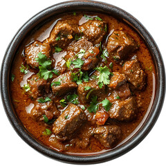 Top view of an extremely perfect looking Lamb Rogan Josh in a dark clay bowl isolated on a white transparent background