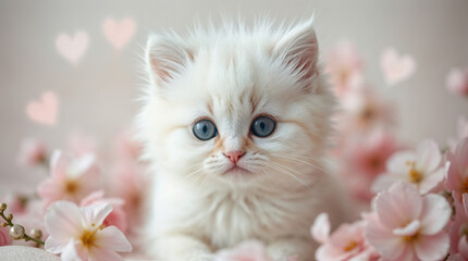 Fototapeta premium A fluffy white kitten with pink flowers
