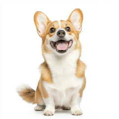 fluffy corgi with wagging tail and joyful expression, isolated on white