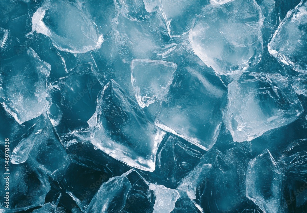 Poster freshly crushed ice cubes overlaid with a deep blue background showcasing the unique textures and tr