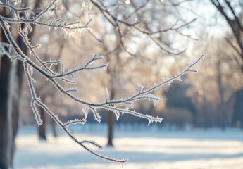 Fototapeta premium Frost-Covered Branches in a Winter Landscape with Soft Sunshine and a Blur of Trees in the Background Creating a Serene Atmosphere of Seasonal Beauty