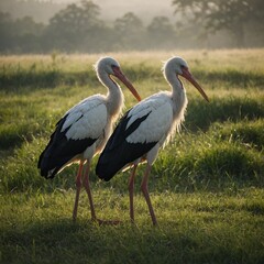 Fototapeta premium A pair of storks standing side by side in a grassy meadow, with a soft mist rolling in.