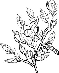 A seamless black and white floral pattern with roses, leaves, and branches, designed as a vintage illustration for a garden-inspired wallpaper