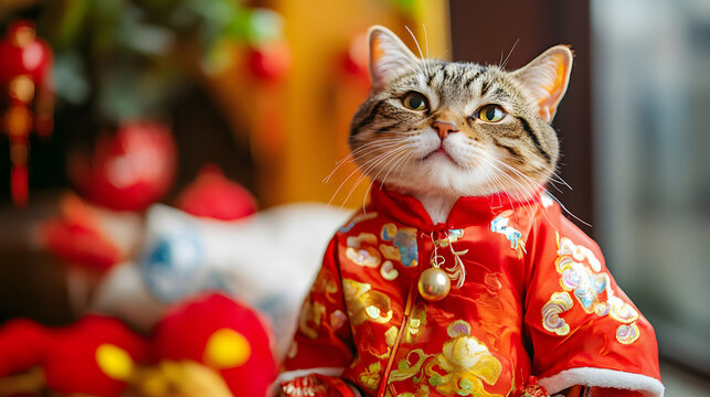 This cute cat is dressed in a vibrant, traditional red and gold outfit, sitting gracefully. The background is softly blurred, with festive decorations 