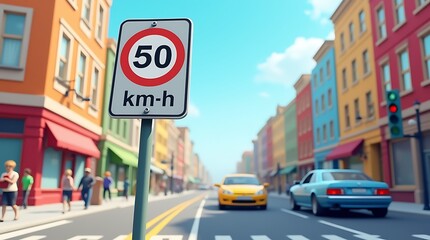 50 mph Speed Limit Sign on a City Street, Generative AI
