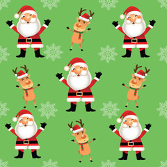 Cute Christmas holidays cartoon seamless pattern and background. Santa Claus, deer,
