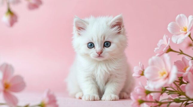 A fluffy white kitten with pink flowers