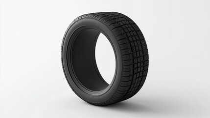 A realistic image of a black rubber tire showcasing tread design and structure.