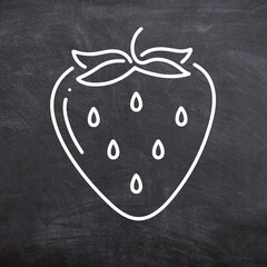 Strawberry seamless set on black background. Sketch of  strawberry on chalk board. Line art of fruit on black board