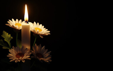 Soft candlelight casting gentle glow on delicate white daisies, revealing quiet evening ambiance