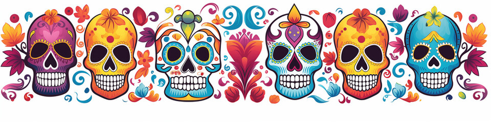Day of the Dead, sugar skulls with colorful designs, floral patterns, and festive decorations celebrate Mexican tradition.