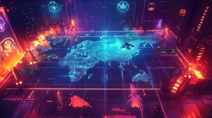 Fototapeta premium Holographic Military Map Layout in High-Tech Command Center, Highlighting Tactical Points and Military Emblems, Strategic Layout. 