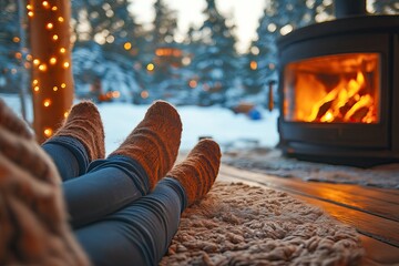 Relaxing by the Fireplace with a Winter Forest View.Cozy Socks and Firelight on a Snowy Evening