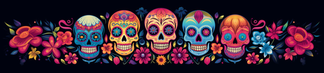 Naklejka premium Day of the Dead, sugar skulls with colorful designs, floral patterns, and festive decorations celebrate Mexican tradition.