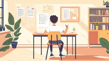 A flat vector of a student practicing handwriting at their desk in a well-organized classroom.