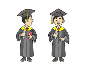 Two people wearing bachelor's clothes and togas, color illustration