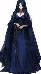 Naklejka premium Elegant Anime Woman in a Midnight Blue Gown