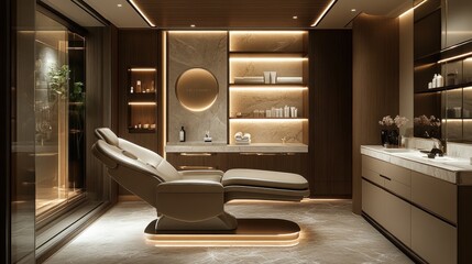 Opulent Spa Room with  Amenities, Plush Reclining Chair, Contemporary Sink Area, Light Beige Interior, Luxury Ambiance - Stock Image for Wellness Businesses