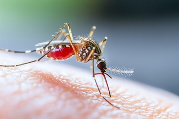 Close-up of a mosquito on human skin, highlighting insect-borne diseases like malaria and dengue fever