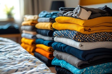 Stacks of folded clothes in various colors placed on a bed in a cozy bedroom, bright natural light coming from a window in the background