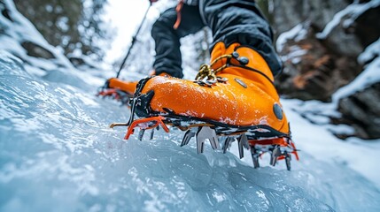 A person in orange boots is walking on ice