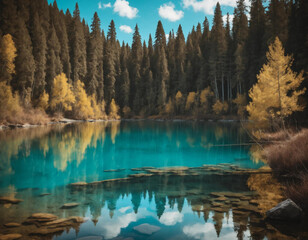Fototapeta premium A calm turquoise lake reflecting the surrounding forest of dark brown trees and earthy tones