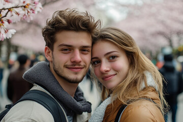 Generative AI depiction of a young couple enjoying Japan's spring park with cherry blossoms in full bloom