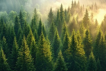 Fototapeta premium Lush Green Pine Forest Bathed in Soft Morning Light with Mist and Sun Rays Illuminating the Vibrant Foliage at Sunrise