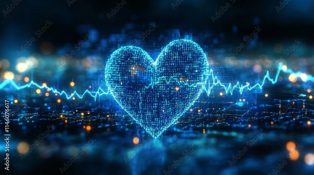 Poster heartbeat represented in binary on a digital screen with glowing accents and rhythmic patterns