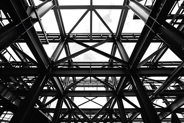 photo portrait Steel frame Industrial Steel Structure for concept building construction, sun shines through the lattice structures of the covered pedestrian crossing, bottom-up view of the railway 

