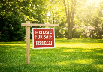 A house for sale sign with a price tag on a sunny green surface