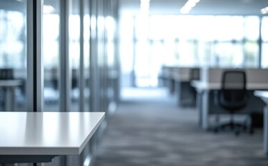 Modern Bright Office Space with Glass Walls and Empty Workstations Ideal for Business and Corporate Use, Capturing Serene and Productive Environment