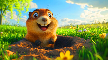 Fototapeta premium Happy Groundhog Peeking from Burrow in Sunny Meadow. A cheerful, cartoon-style groundhog with wide, expressive eyes and a happy smile peers out from a burrow in a vibrant green meadow.