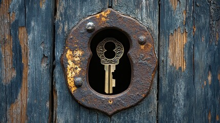 Close-up of an ornate keyhole set in a weathered wooden door, inviting curiosity and mystery.