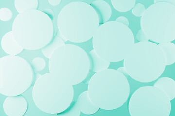 Mint green abstract background - flying plastic cylinders as pattern on soft light background, top view. 3D illustration with circles in futuristic, geometric style for sale, advertising, design.