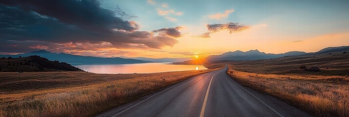 Fototapeta premium Stunning Sunset Over Serene Landscape with Open Road and Calm Water Reflections in National Park Setting