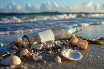 Message in a bottle on the shoreline beach at sunset closeup image sea props tranquil environment nature concept for visual storytelling