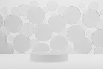 Transparent glass glossy round podium mockup on white abstract stage for presentation cosmetic products, goods, advertising, design. Flying circles decor. Template 3D illustration fashion scene.