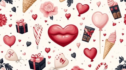 Vibrant Valentine s Day Themed Pattern with Festive Icons and Motifs