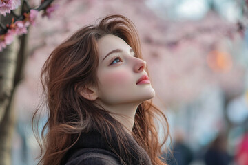 Fototapeta premium Generative AI portrait of a young Asian person enjoying spring serene moment in a blooming Japanese park