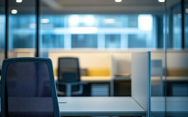 Obraz premium Modern Office Interior with Empty Chair and Workstations Illuminated by Soft Lighting in Contemporary Workspace Environment