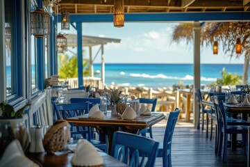 Fototapeta premium Enjoy dining by the charming beachside scenic coastal views exquisite decorated tables and a relaxing atmosphere for an inviting coastal vibes experience in a beautiful location