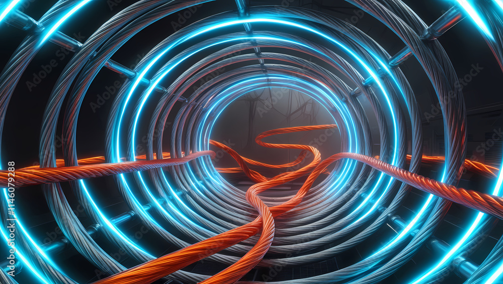 Poster swirling lights and fractal patterns with blue and red curves