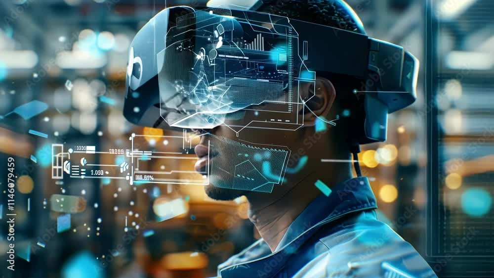Poster professional engineer wearing vr headset is working with futuristic interface in augmented reality, 