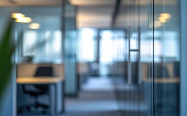 Modern Office Interior with Glass Walls and Empty Workspaces Highlighting Contemporary Design Features and Bright, Open Layouts for Corporate Environments