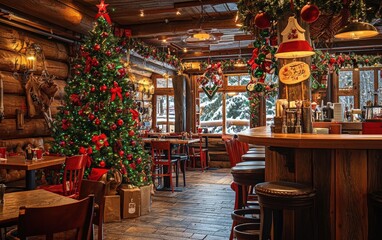 A festive Christmas tree with vibrant red and green decorations, placed in the corner of a rustic-style restaurant with wooden interiors