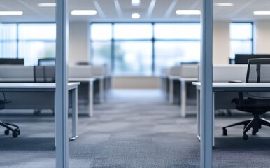 Modern Office Space with Empty Workstations and Bright Natural Light Streaming Through Large Windows in Contemporary Design